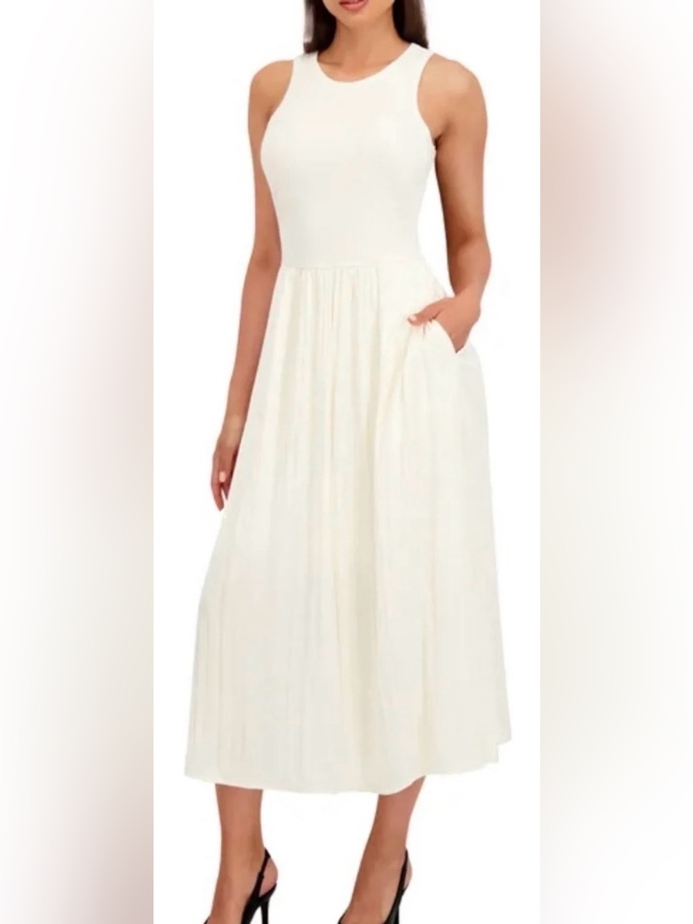 DKNY Sleeveless Tank Top Style Women’s Summer Dress Large Cream Color NWT Shiny